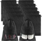 Black Travel Shoe Bags - 10 Pcs Non-Woven Packing Bags with Clear Window | 15.7" x 11.8" Waterproof Dustproof Portable Travel Shoe Storage Bag for Men and Women