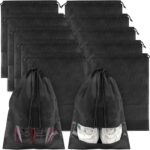 Black Travel Shoe Bags - 10 Pcs Non-Woven Packing Bags with Clear Window | 15.7" x 11.8" Waterproof Dustproof Portable Travel Shoe Storage Bag for Men and Women