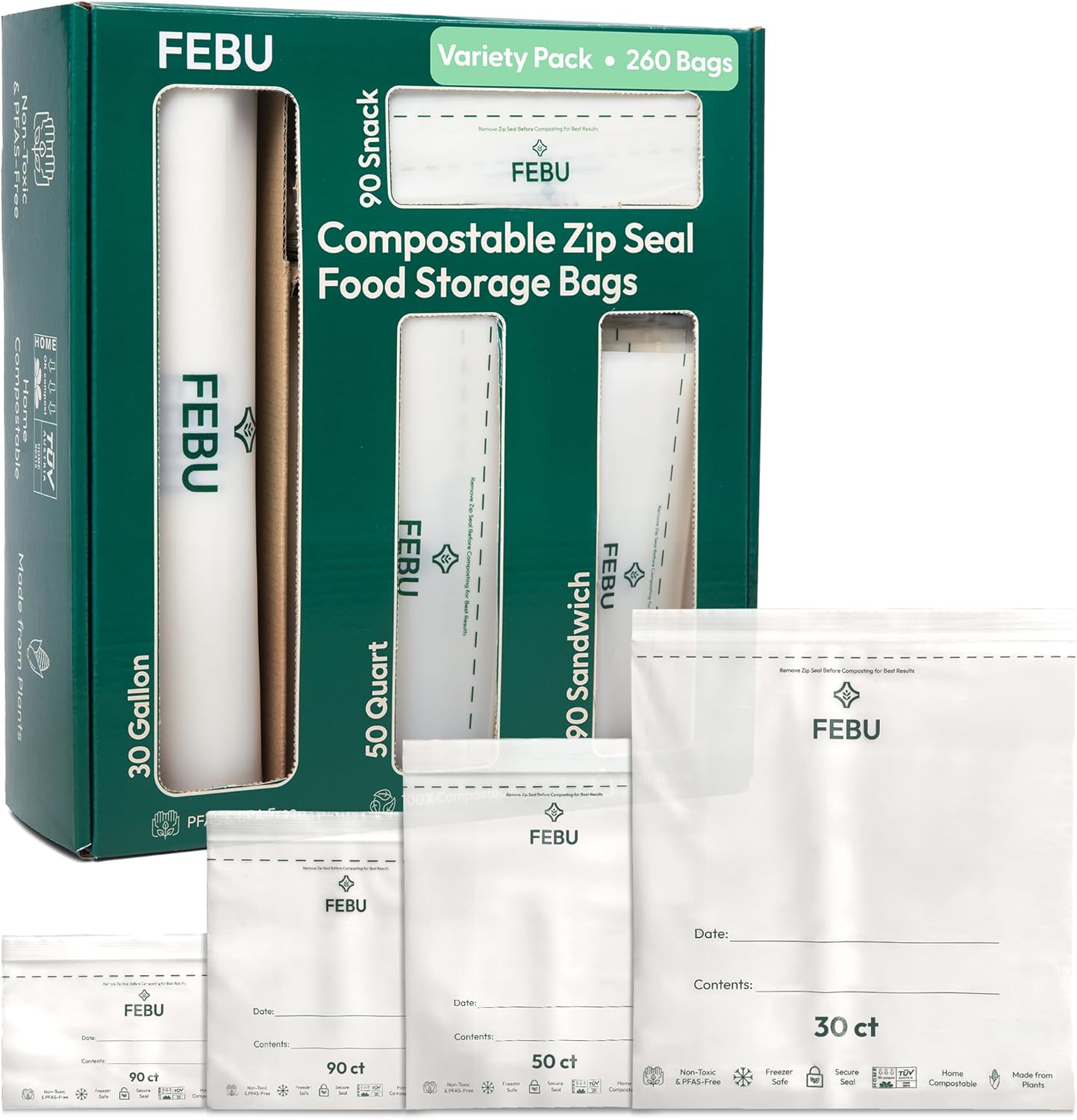 FEBU Compostable Food Storage Bags Variety Pack, 260 Count | Compostable & Biodegradable, PFAS & BPA Free, Drawer Organizer Box, 90 Snack, 90 Sandwich, 50 Quart, 30 Gallon FEBU Compostable Food Storage Bags Variety Pack, 260 Count | Compostable & Biodegradable, PFAS & BPA Free, Drawer Organizer Box, 90 Snack, 90 Sandwich, 50 Quart, 30 Gallon - Image 1