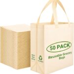 Simply Cool 50 Pack Reusable Grocery Bags, Large Tote Bags Bulk, Cream | 14.5"x14"x6.6" Heavy Duty Non-woven Custom Shopping Bags with Handles, Foldable, Washable for Groceries and Commercial use
