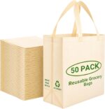 Simply Cool 50 Pack Reusable Grocery Bags, Large Tote Bags Bulk, Cream | 14.5"x14"x6.6" Heavy Duty Non-woven Custom Shopping Bags with Handles, Foldable, Washable for Groceries and Commercial use